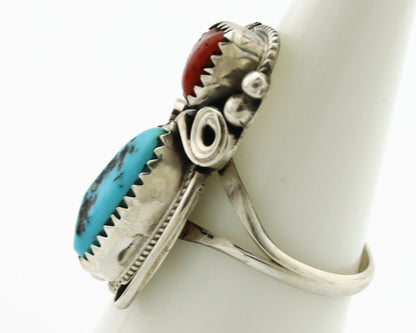 Navajo Ring .925 Silver Turquoise & Coral Artist Signed J Morris C.80's