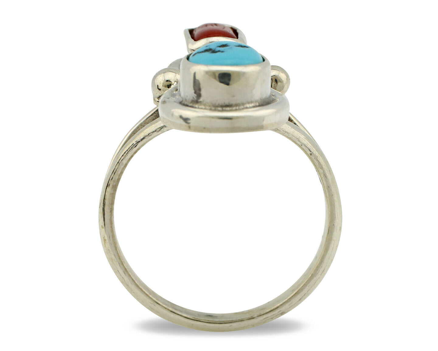 Navajo Ring .925 Silver Blue Turquoise & Red Coral Native American Artist C.80's