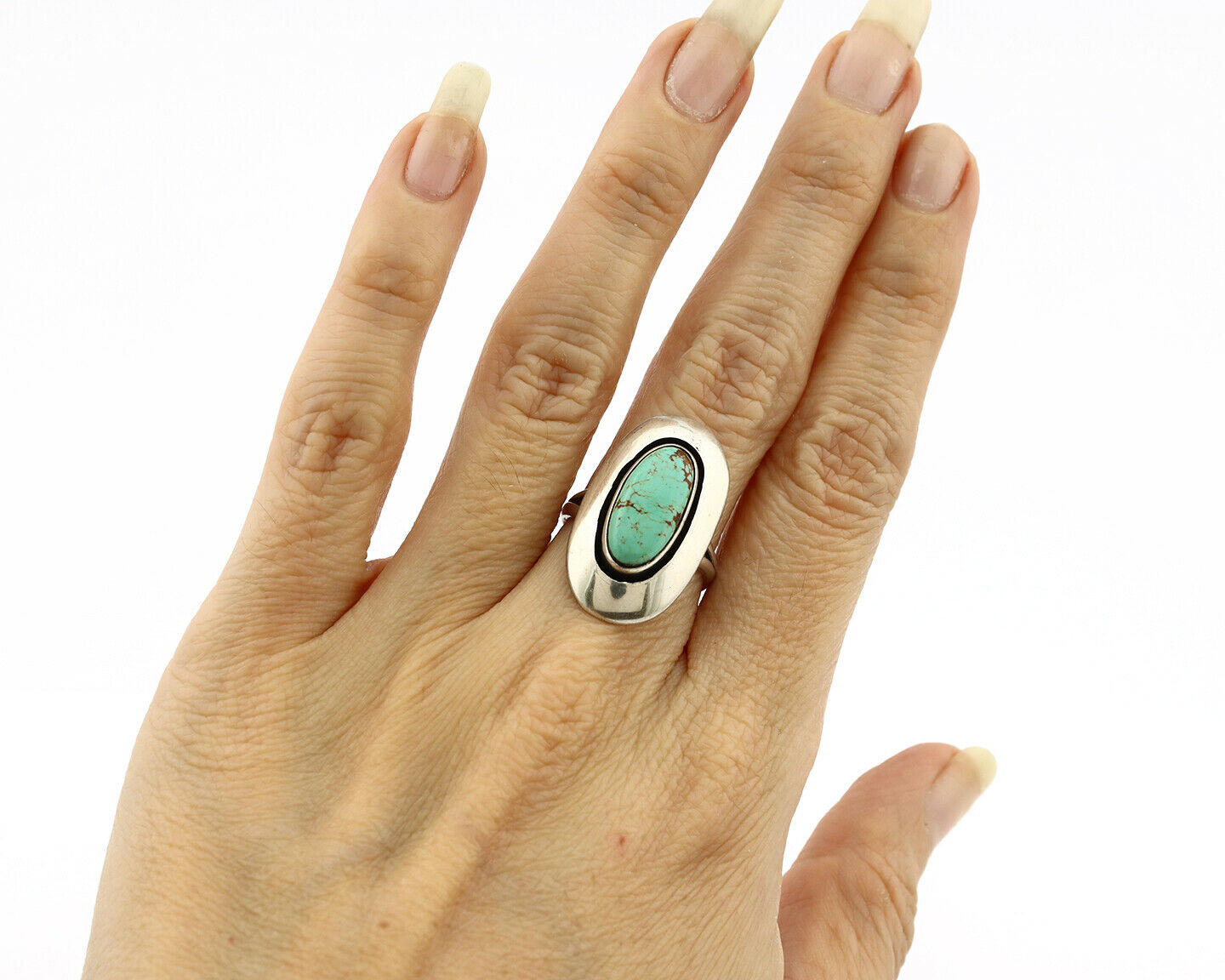 Navajo Shadow Box Ring .925 Silver Kingman Turquoise Signed M Montoya C80s