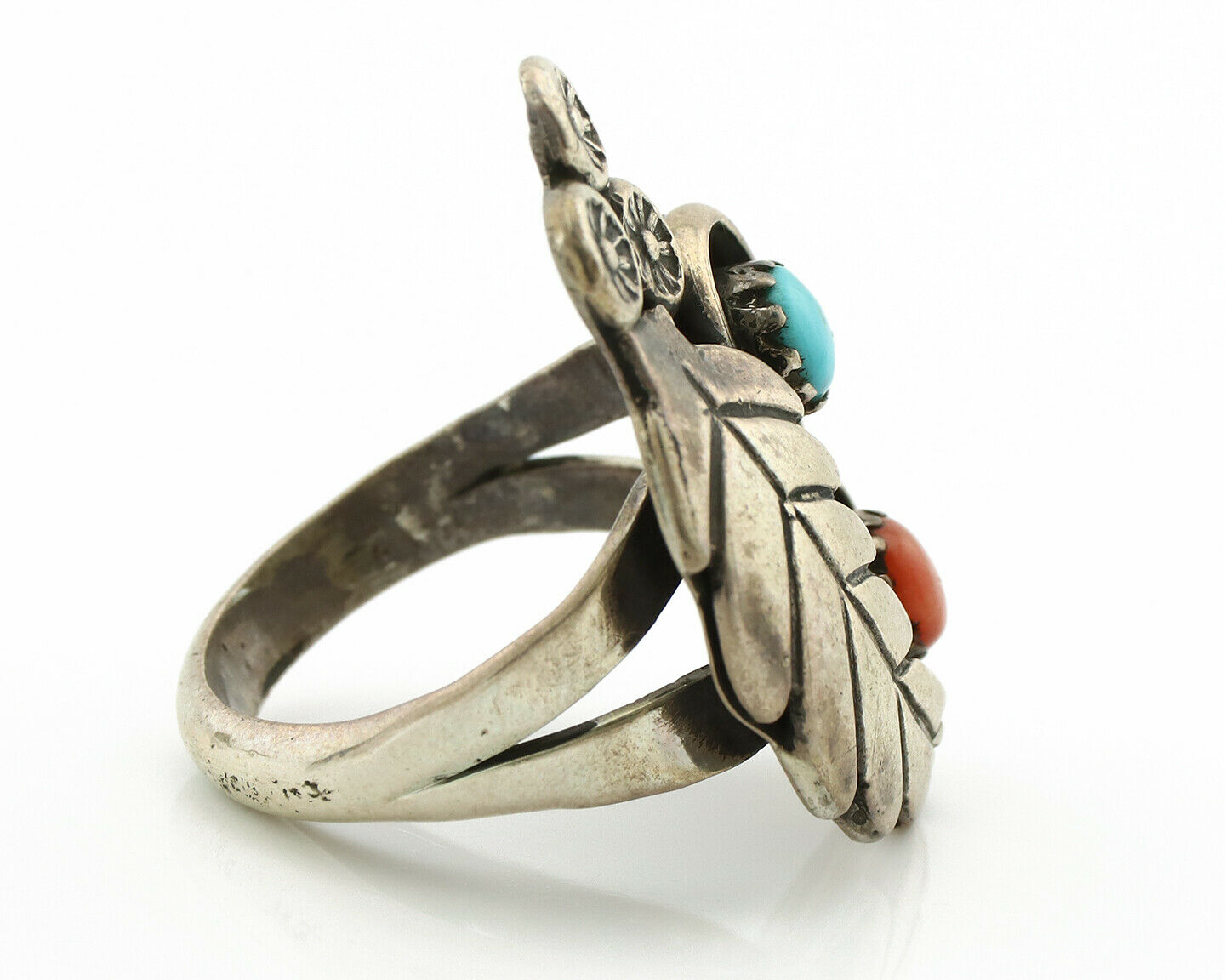 Navajo Ring .925 Silver Turquoise & Coral Native American Artist C.1980's