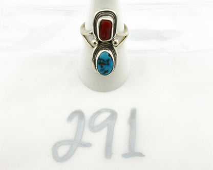 Navajo Ring .925 Silver Blue Turquoise & Red Coral Native American Artist C.80's