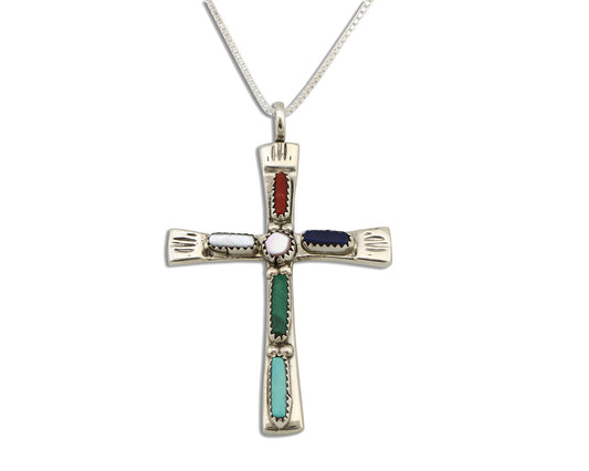 Zuni Handmade Cross Necklace 925 Silver Natural Gemstone Signed C. IULE C.80's