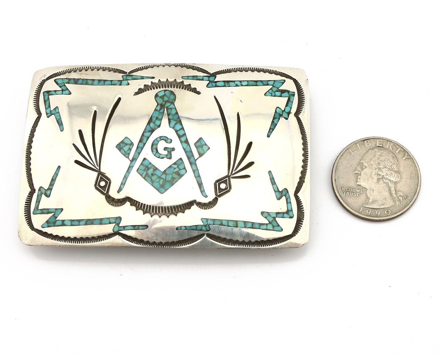 Navajo Belt Buckle .925 Silver Handmade Chip Inlay Artist Signed Bee Gay C.80's