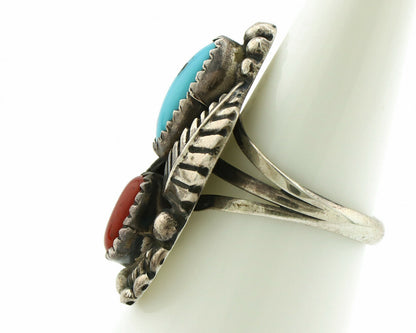 Navajo Ring .925 Silver Turquoise & Coral Artist Signed Thomas Singer C.80's