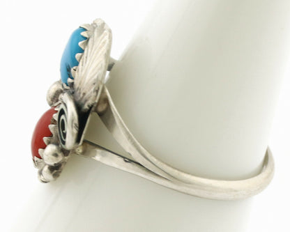 Navajo Ring .925 Silver Morenci Turquoise & Coral Native Artist Signed JM C.80's