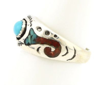 Navajo Handmade Ring 925 Silver Blue Turquoise & Coral Native American C.80's