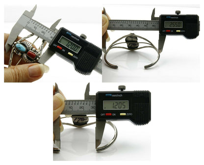 Navajo Bracelet .925 Silver Turquoise & Red Coral Signed SC Cuff Circa 1980s