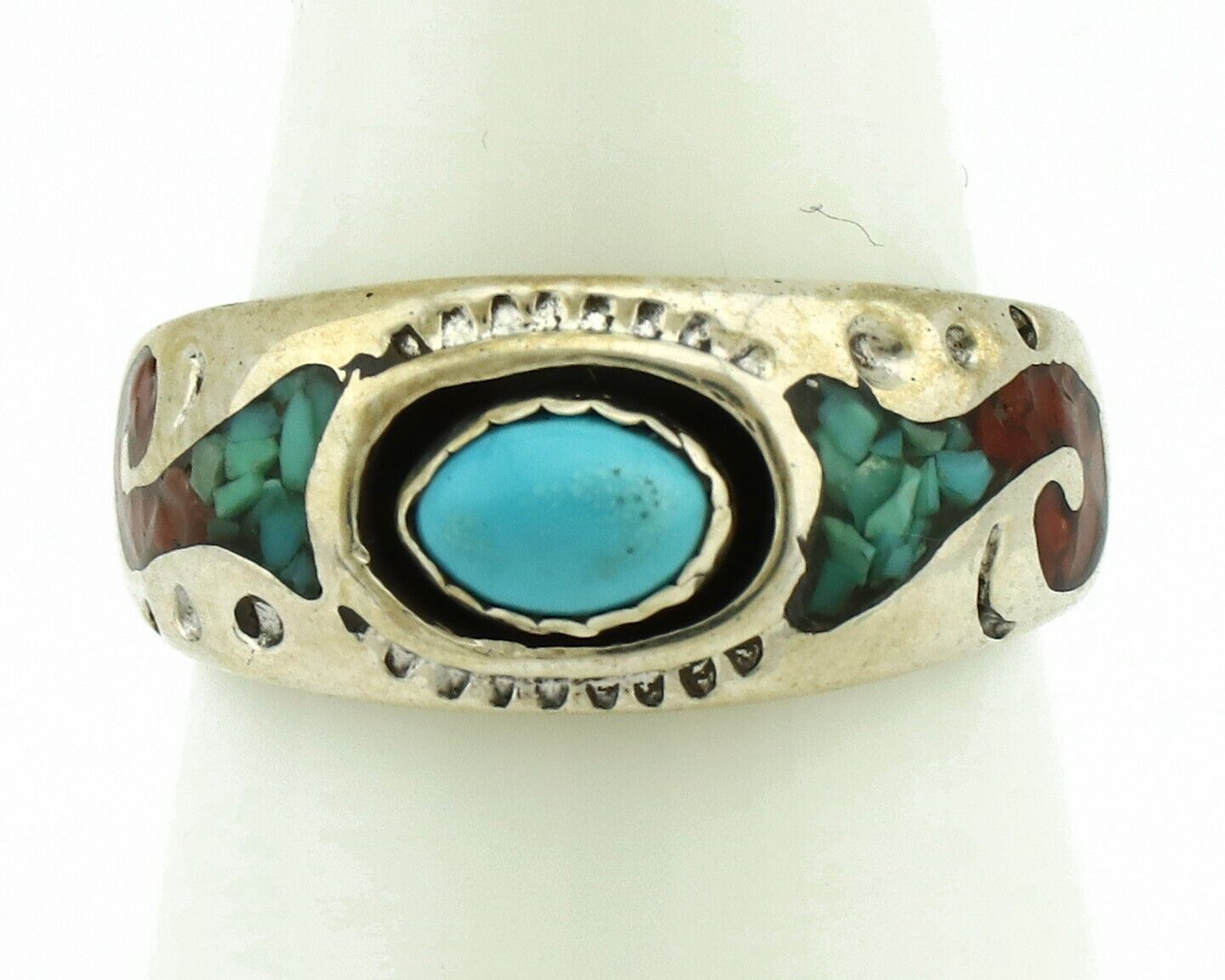 Navajo Handmade Ring 925 Silver Blue Turquoise & Coral Native American C.80's