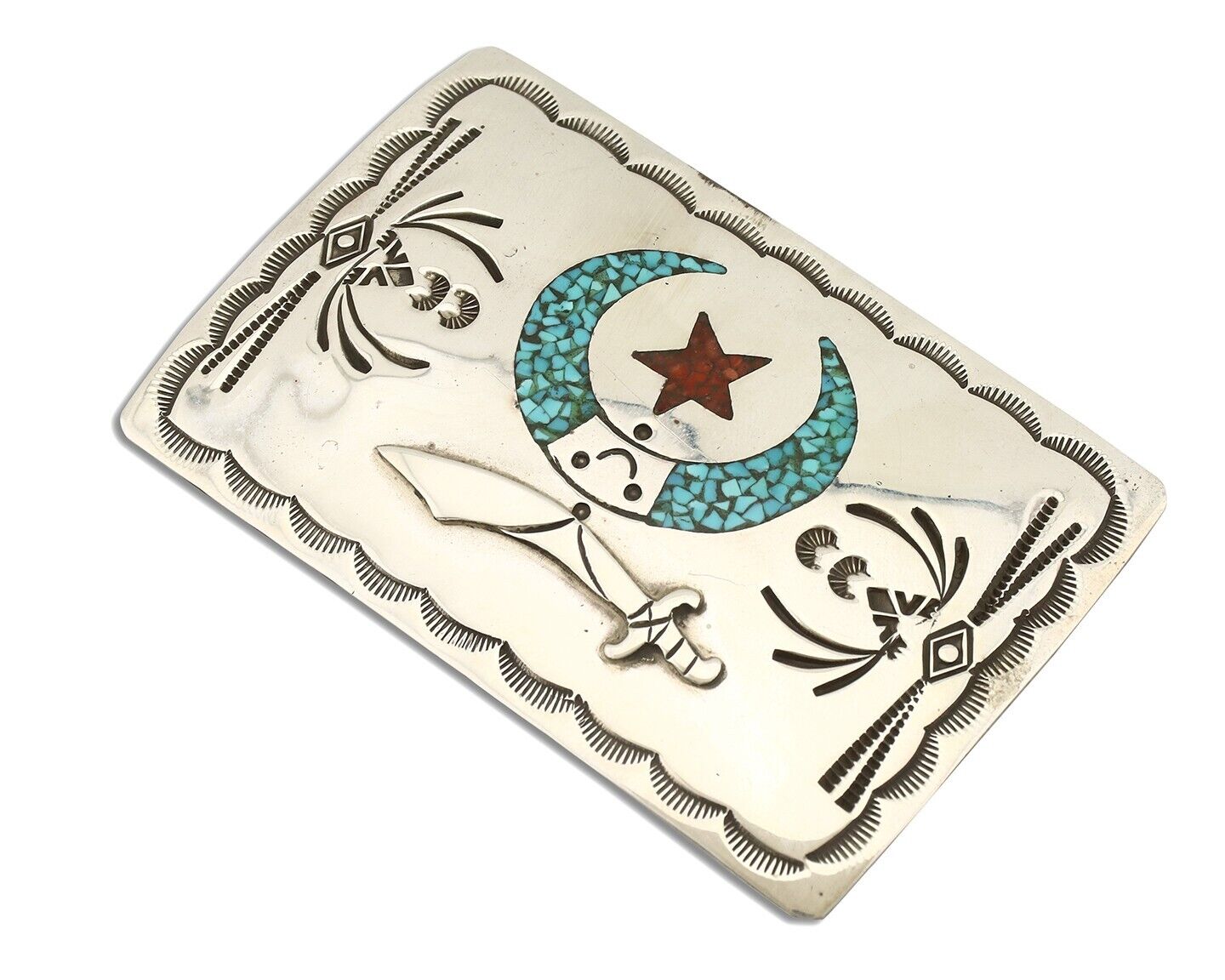 Navajo Belt Buckle .925 Silver Handmade Chip Inlay Artist Signed Bee Gay C.80's