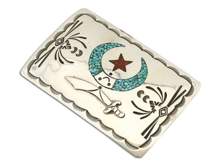 Navajo Belt Buckle .925 Silver Handmade Chip Inlay Artist Signed Bee Gay C.80's