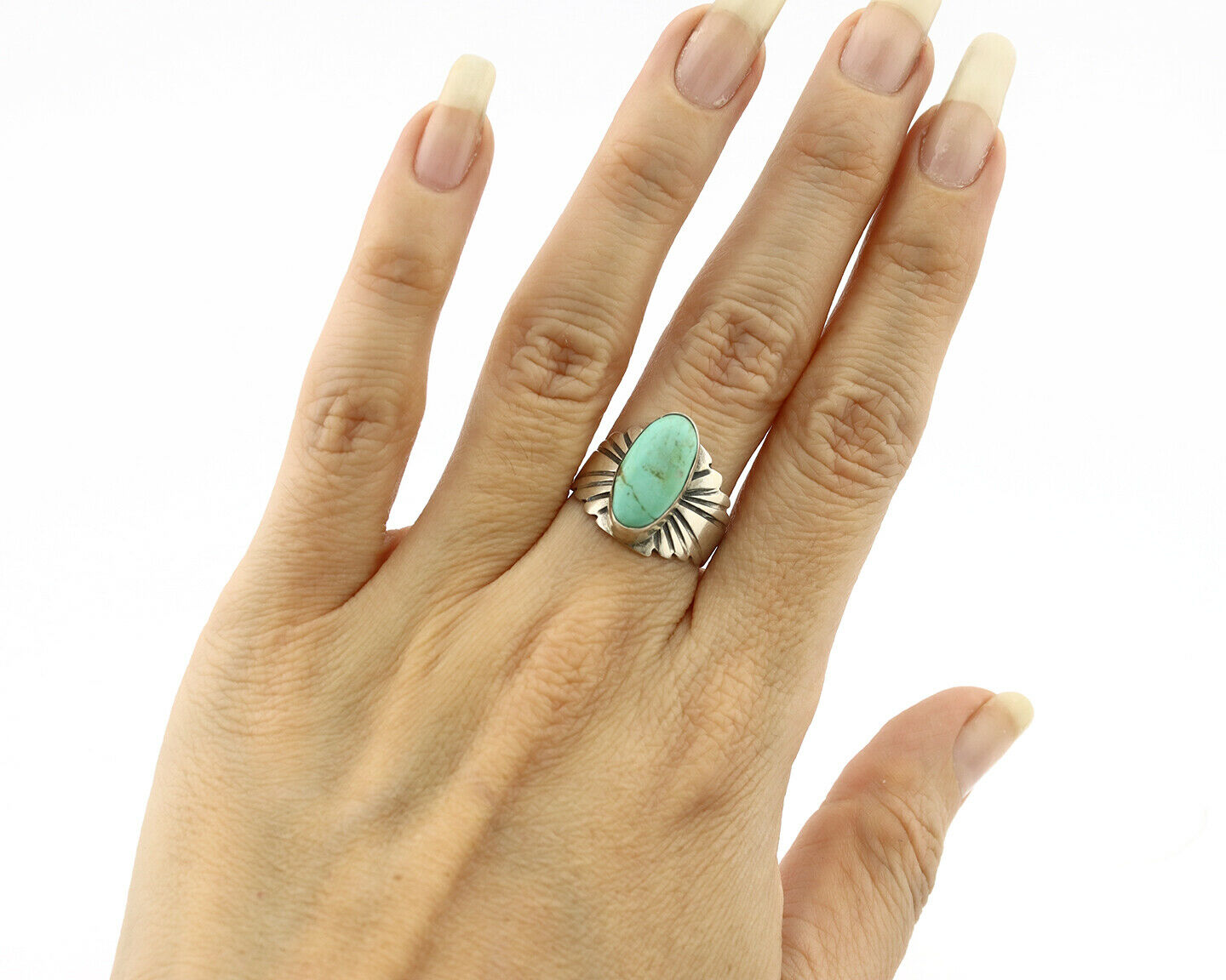 Navajo Ring .925 Silver Kingman Turquoise Artist Signed Apache C.80's