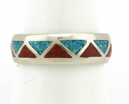 Navajo Ring 925 Silver Natural Turquoise & Coral Native American Artist C.80's