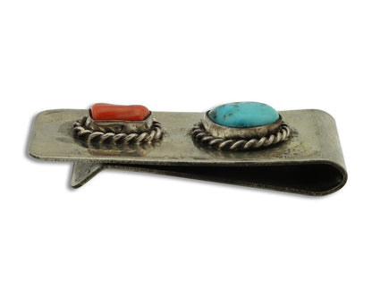 Navajo Money Clip 925 Silver & 999 Nickel Natural Turquoise & Coral Artist C80