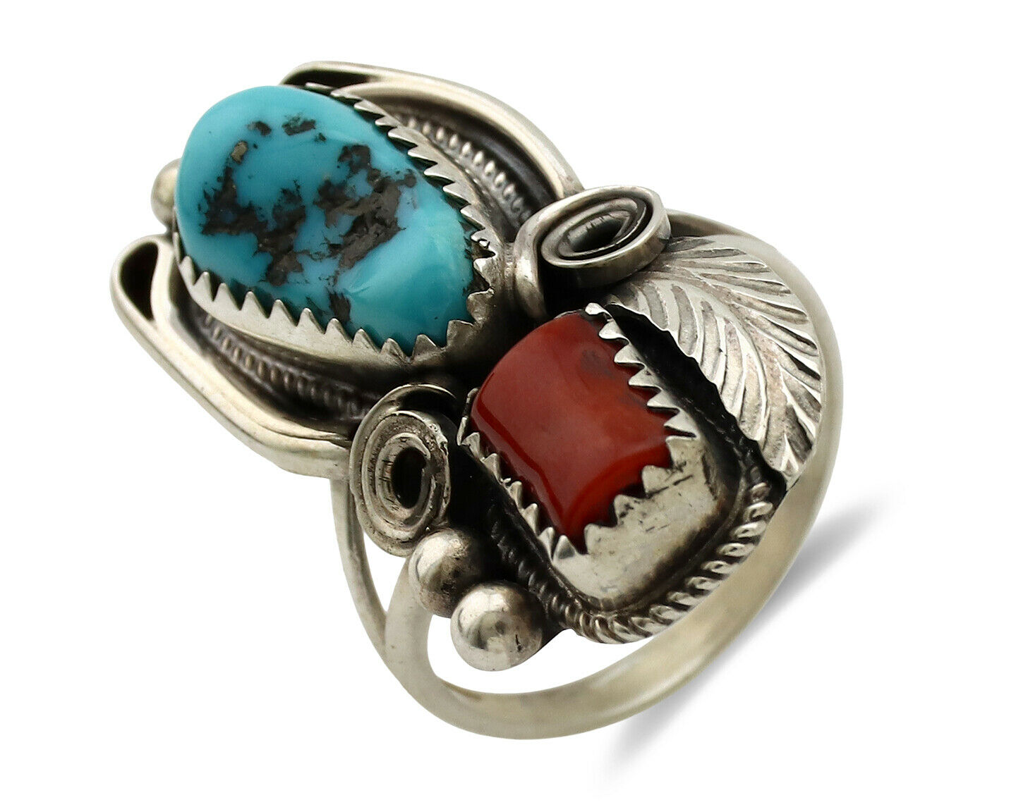 Navajo Ring .925 Silver Turquoise & Coral Artist Signed J Morris C.80's
