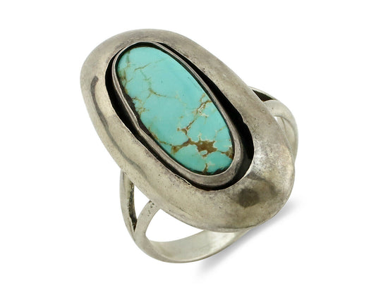 Navajo Shadow Box Ring .925 Silver Kingman Turquoise Signed M Montoya C80s