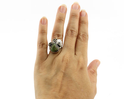 Navajo Ring .925 Silver Army Green Turquoise Native American Artist C.1980's