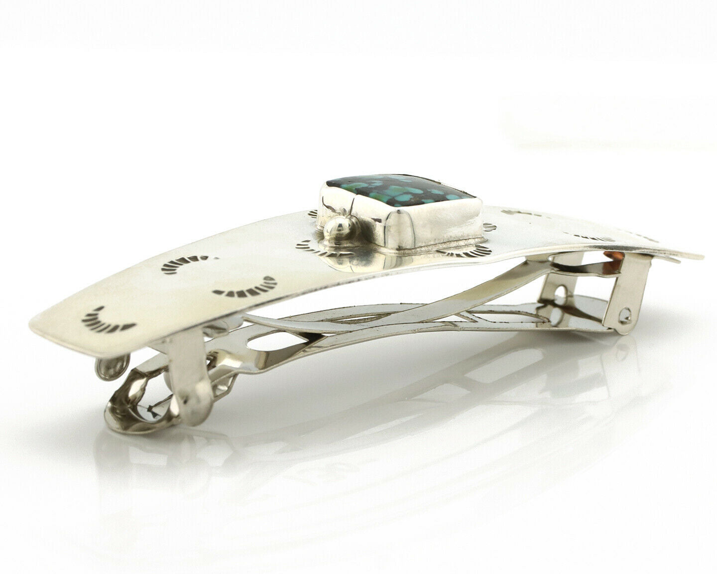 Navajo Hair Clip .925 Silver Green Spiderweb Turquoise Barrette C.80's