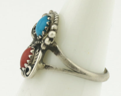 Navajo Ring .925 Silver Morenci Turquoise & Red Stone Native Artist Signed JM C.80's