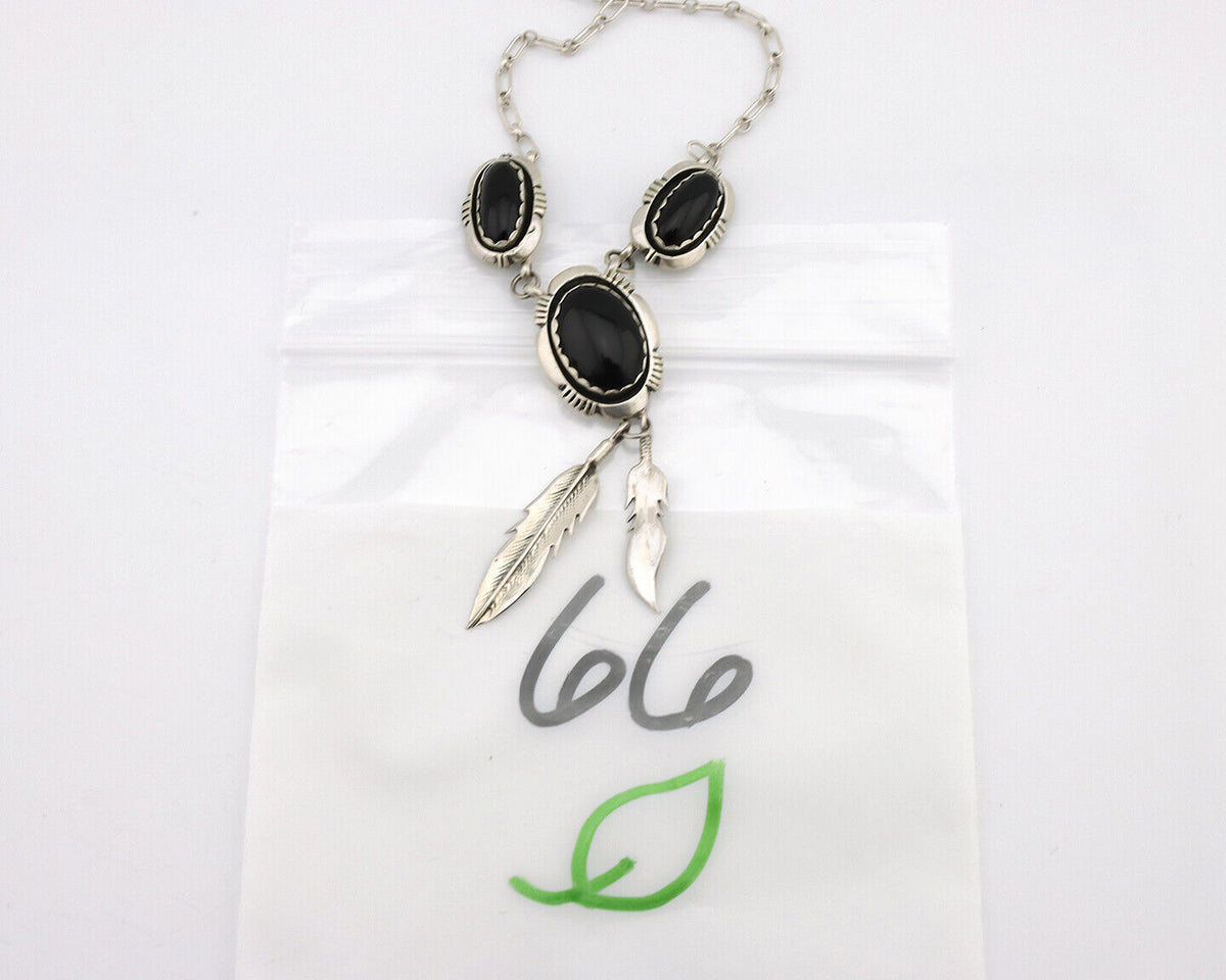 Navajo Necklace 925 Silver Black Onyx Signed Leonard & Marian Nez C.80's