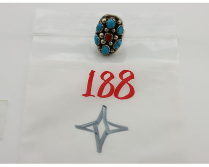Navajo Ring 925 Silver Blue Turquiose & Coral Artist Signed Elgin Hoskey C.80's