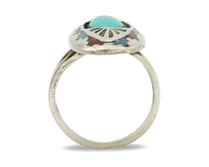Navajo Ring 925 Silver Turquoise & Coral Signed Circle JW C.80s