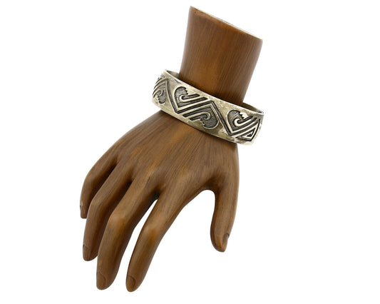 Navajo Bracelet .925 Silver Hand Stamped Overlay Signed Star C.80's