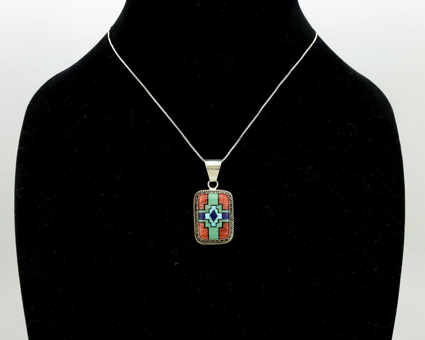 Navajo Handmade Inlaid Gemstone Pendant .925 Silver Signed SN C.80's