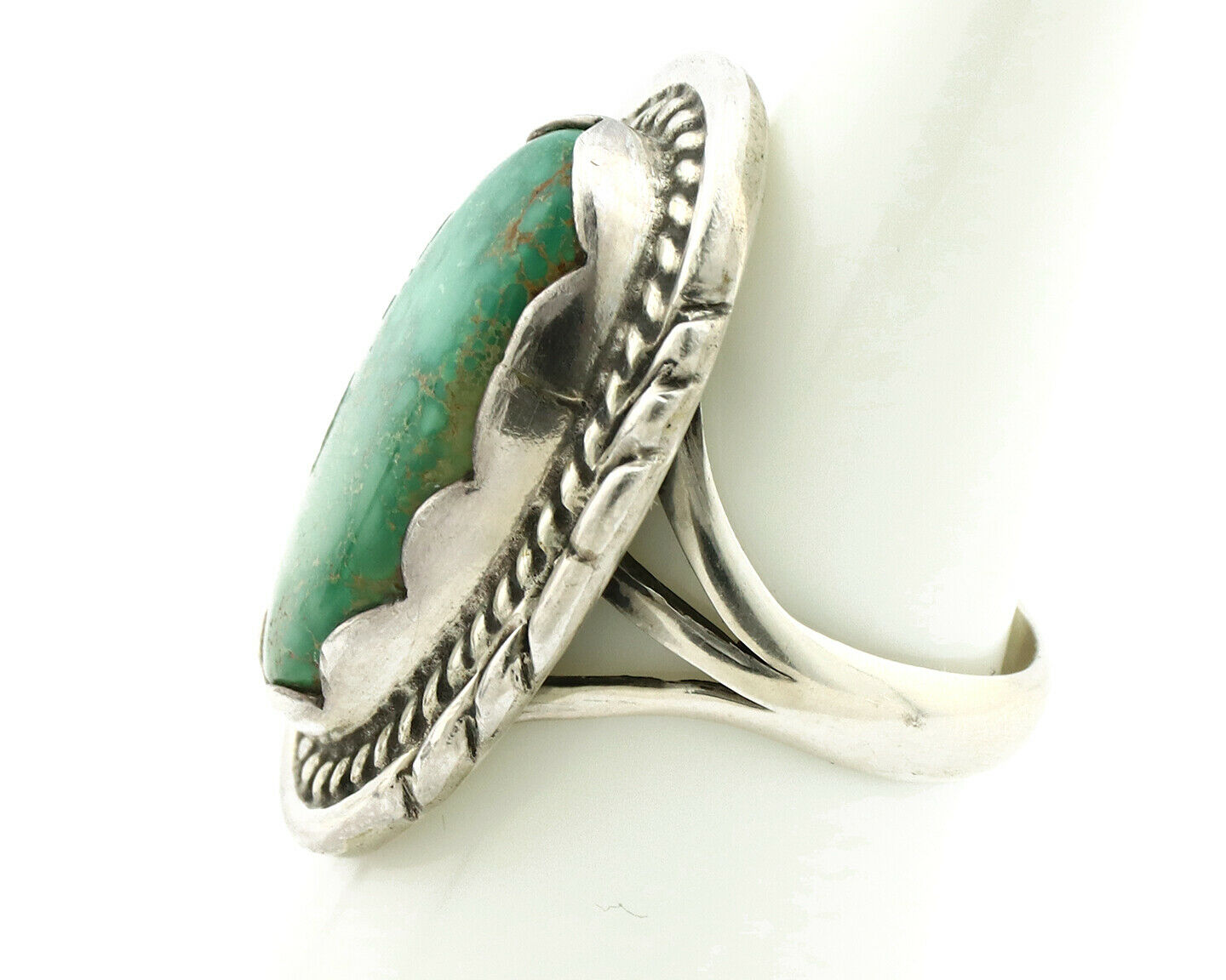 Navajo Ring .925 Silver Natural Uncolored Green Turquoise Signed Apache C.80's