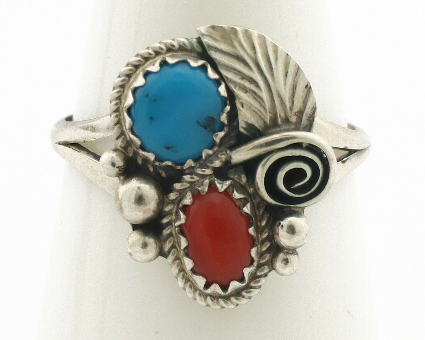 Navajo Ring .925 Silver Morenci Turquoise & Coral Native Artist Signed JM C.80's