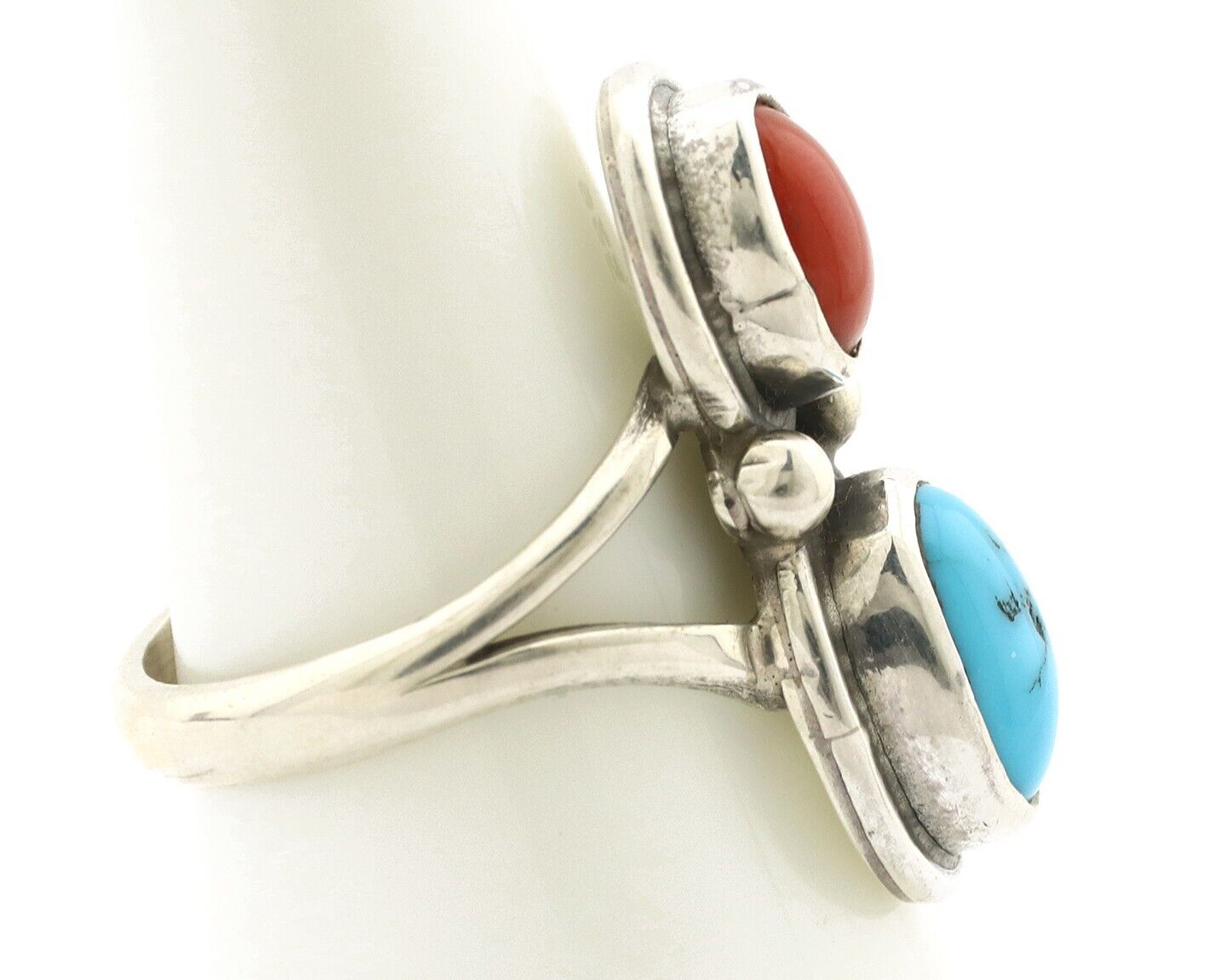 Navajo Inlay Band Ring 925 Silver Turquoise & Coral Native Artist C.80's