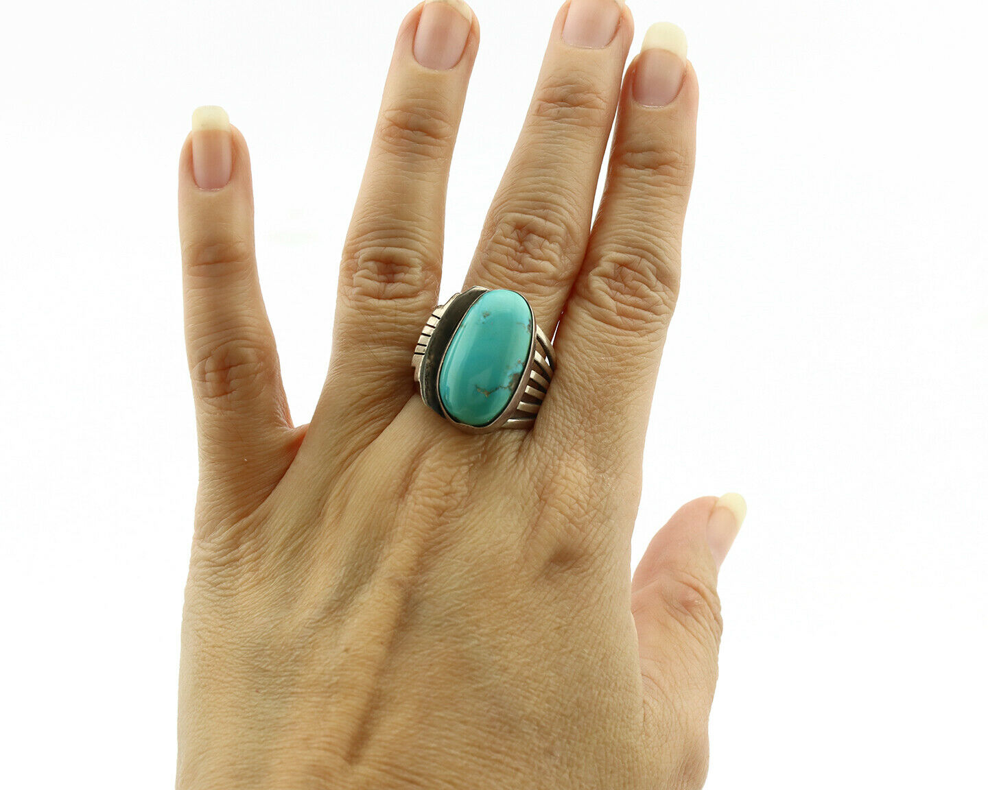 Navajo Ring .925 Silver Kingman Turquoise Signed Harold Becenti C.1980's