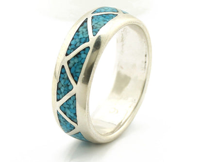 Navajo Chip Inlay Ring 925 Silver Sleeping Beauty Turquoise Artist Silver Cloud