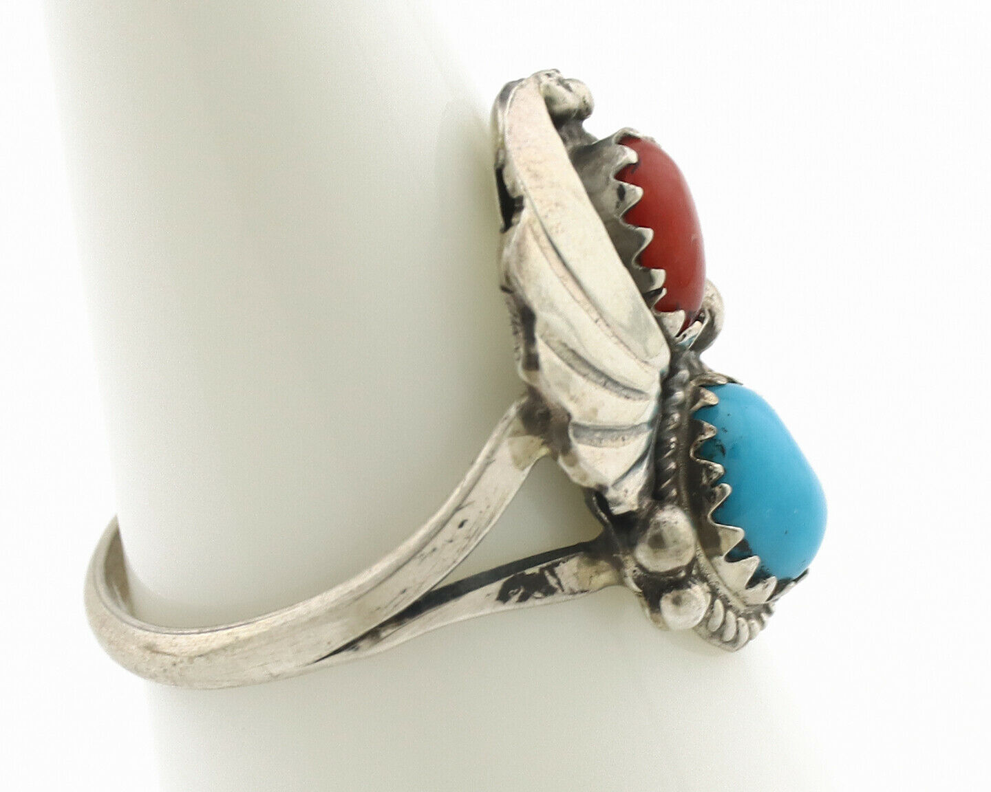 Navajo Ring .925 Silver Morenci Turquoise & Coral Native Artist Signed JM C.80's