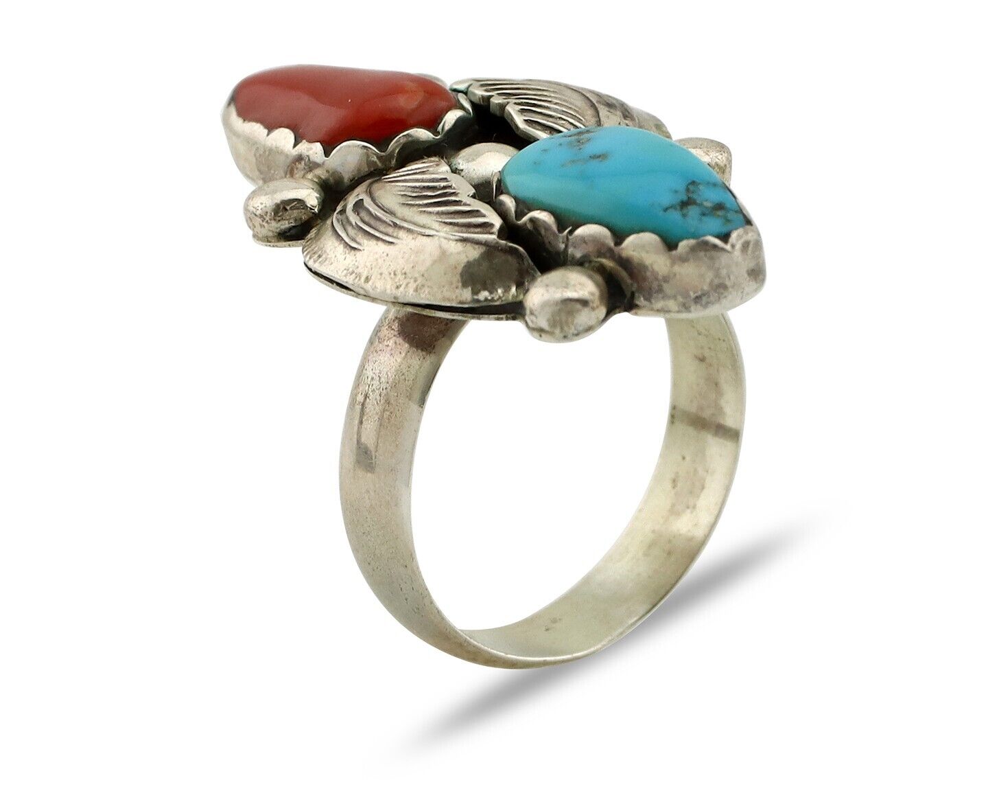 Navajo Ring 925 Silver Blue Turquiose & Mediterranean Coral Native Artist C.80's