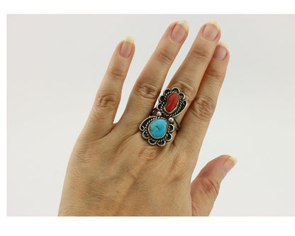 Navajo Ring 925 Silver Blue Turquiose & Mediterranean Coral Native Artist C.80's