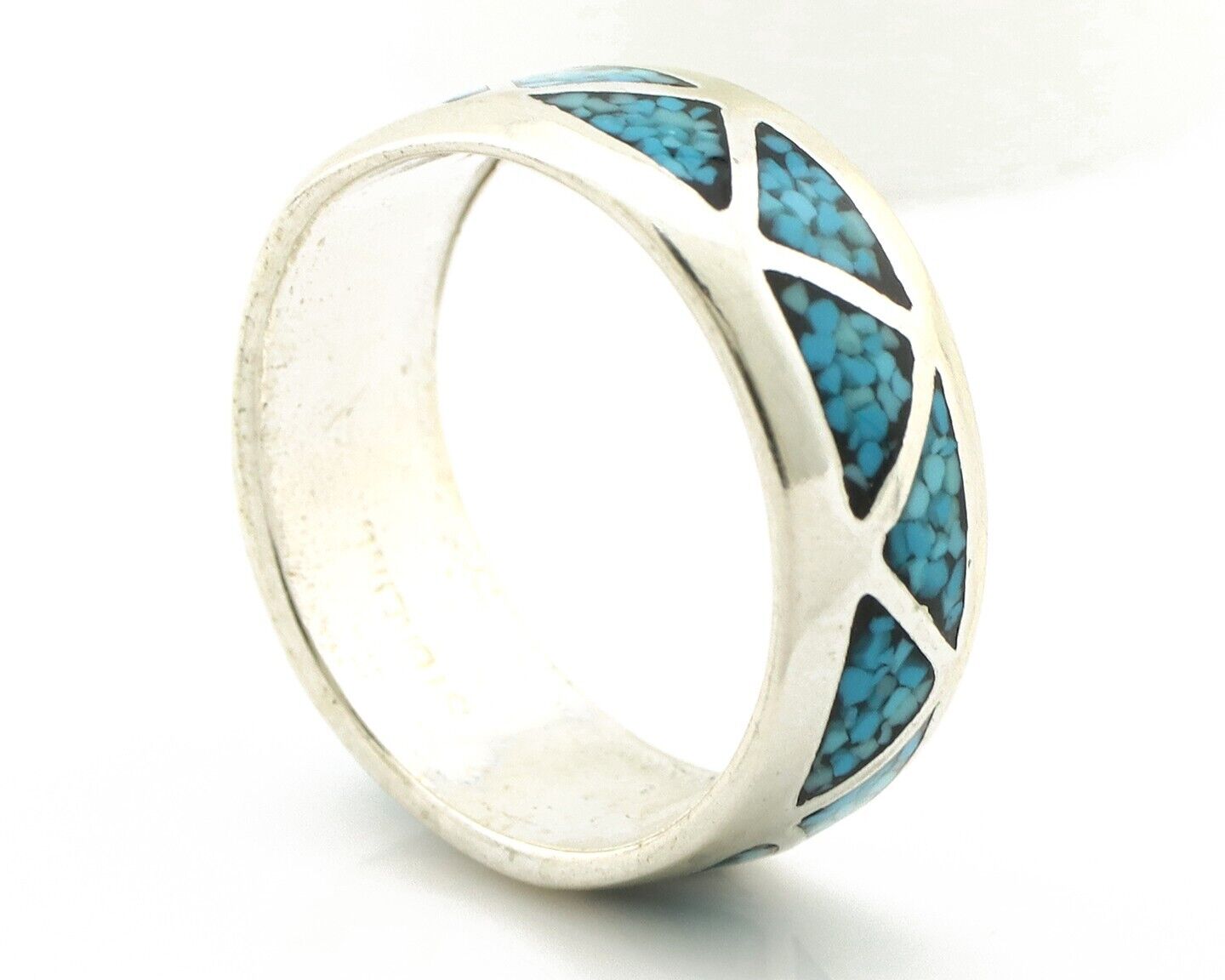 Navajo Chip Inlay Ring 925 Silver Sleeping Beauty Turquoise Artist Silver Cloud