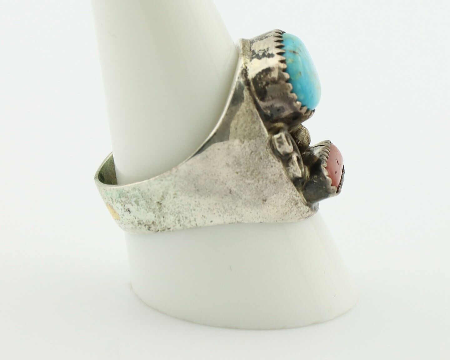 Navajo Ring 925 Silver Blue Turquiose & Mediterranean Coral Native Artist C.80's
