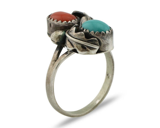Navajo Handmade Ring 925 Silver Turquiose & Coral Native American Artist C.80's