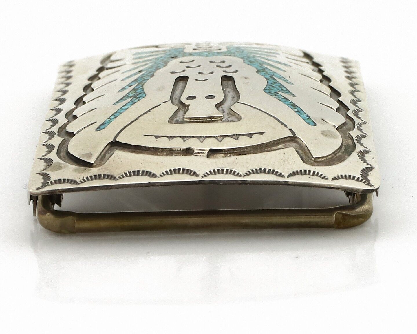 Navajo Belt Buckle 925 Silver Handmade Chip Inlay Artist Signed Begay C.80s