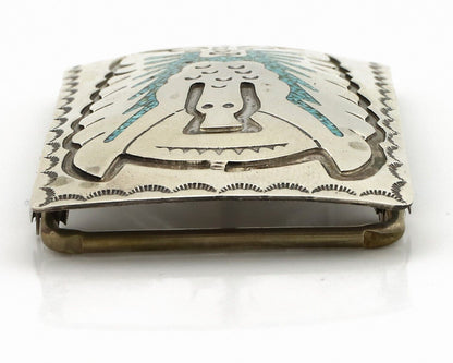 Navajo Belt Buckle 925 Silver Handmade Chip Inlay Artist Signed Begay C.80s