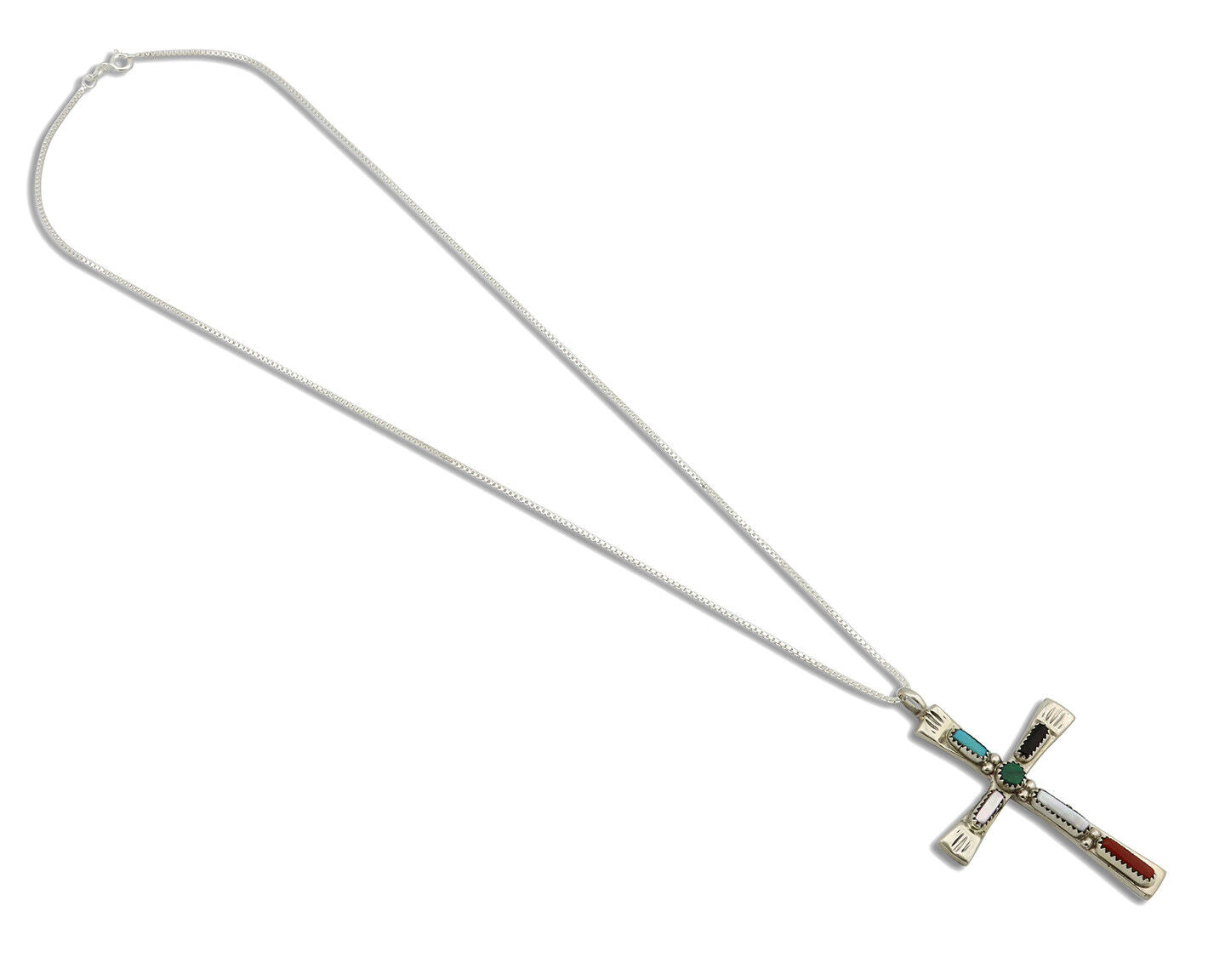 Zuni Handmade Cross Necklace 925 Silver Natural Gemstone Signed C. IULE C.80's