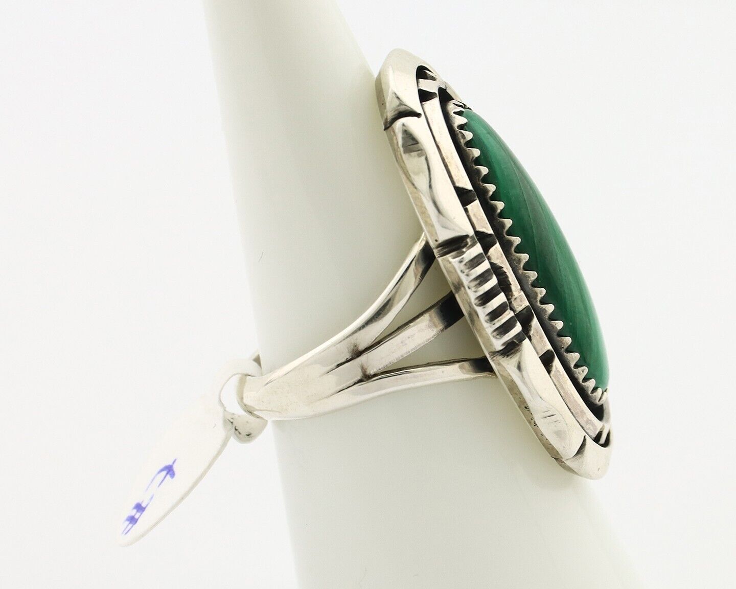 Navajo Ring .925 Silver Malachite Hand Stamped Signed William Denetdale C.80's