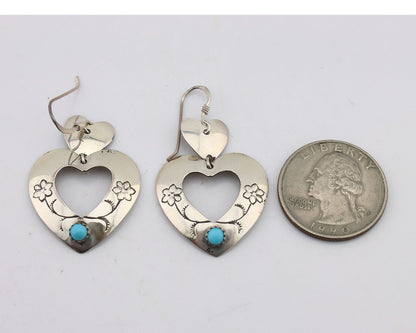 Navajo Dangle Heart Earrings Handmade 925 Silver Blue Turquoise Native Artist 80