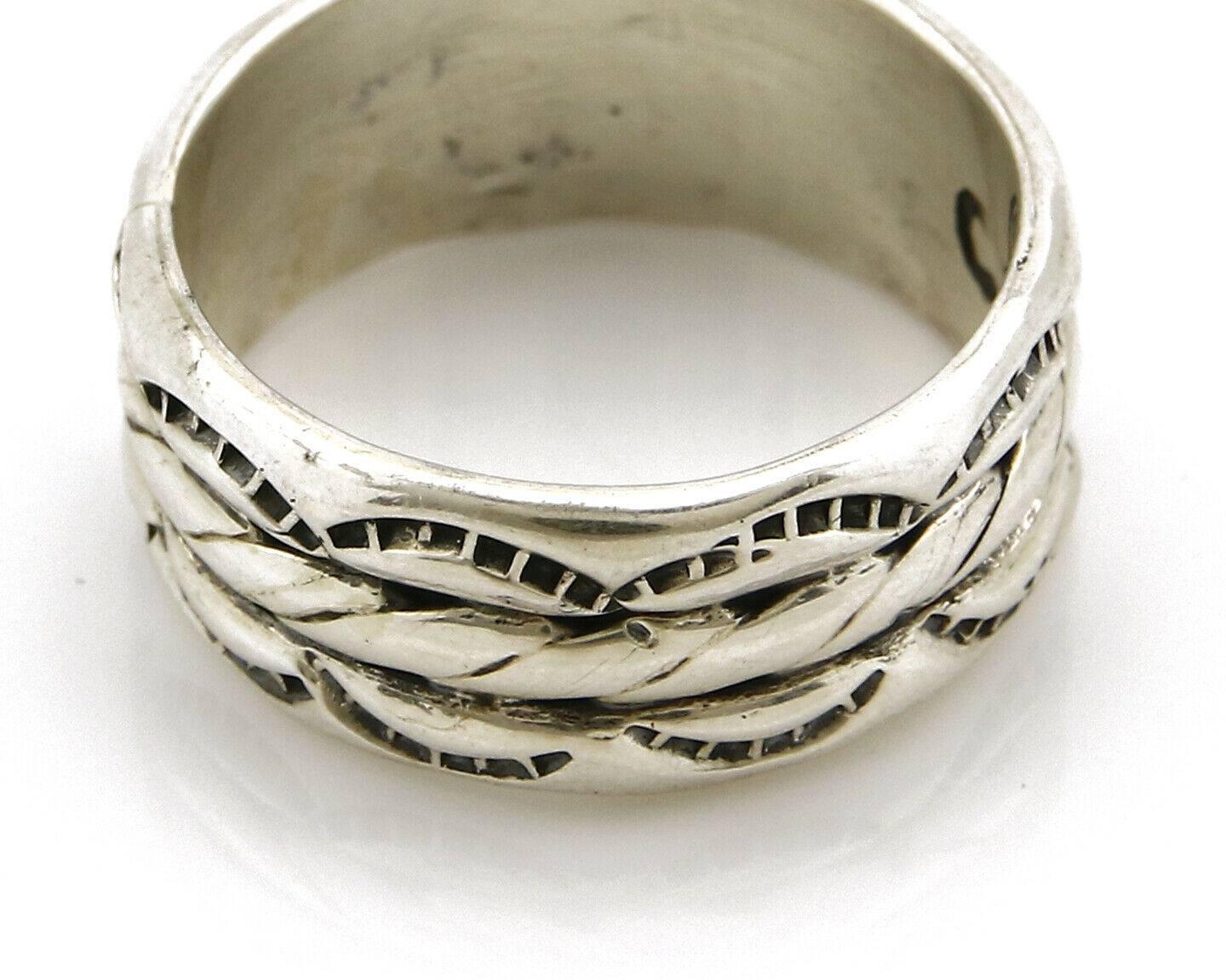 Navajo Ring .925 Silver Handmade Hand Stamped 3 Row Rope Band C.1980's Size 10