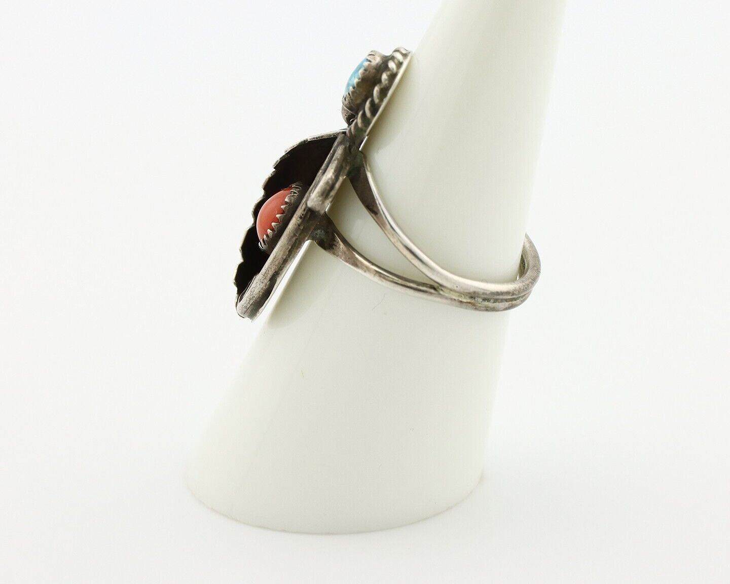 Navajo Handmade Ring 925 Silver Turquiose & Coral Native American Artist C.80's