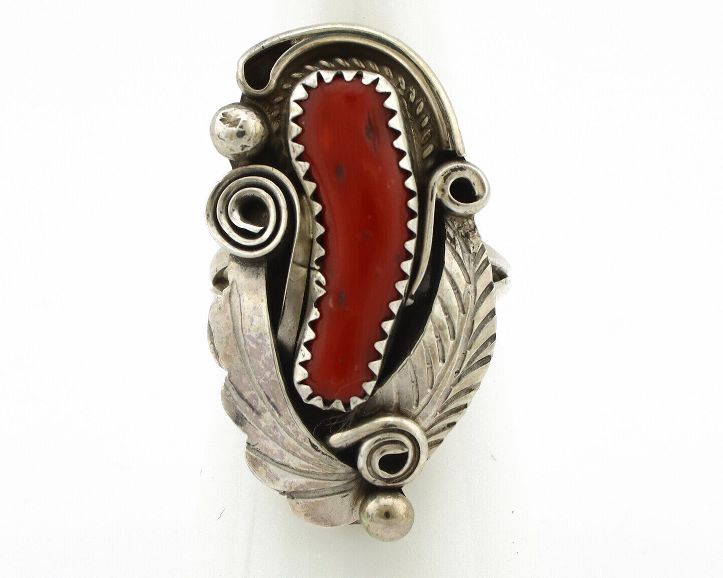 Navajo Ring 925 Silver Mediterranean Coral Artist Signed Justin Morris C.80's