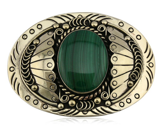 Navajo Handmade Belt Buckle .999 Nickle Silver Malachite Signed Tipi C.80's