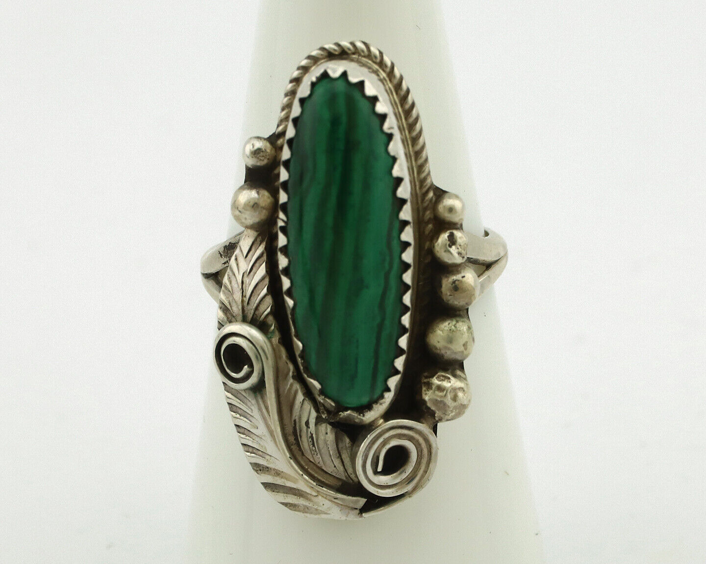 Navajo Ring 925 Silver Natural Green Malachite Signed Justin Morris C.80's