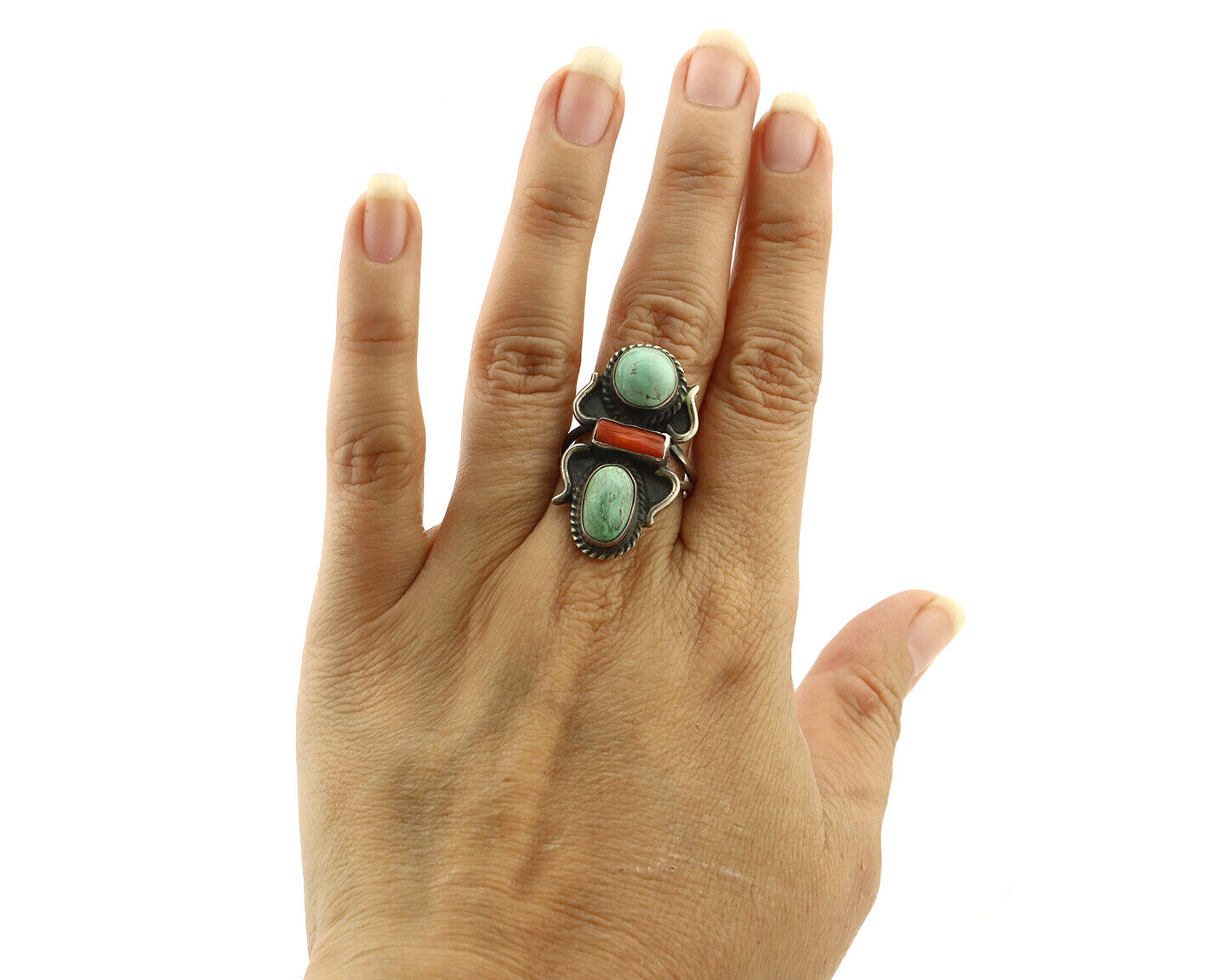 Navajo Ring 925 Silver Coral & Globe Turquoise Native American Artist C.80's