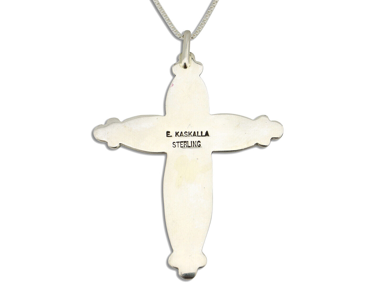 Zuni Handmade Cross Necklace 925 Silver Natural Gemstone Signed E Kaskalla C.80s